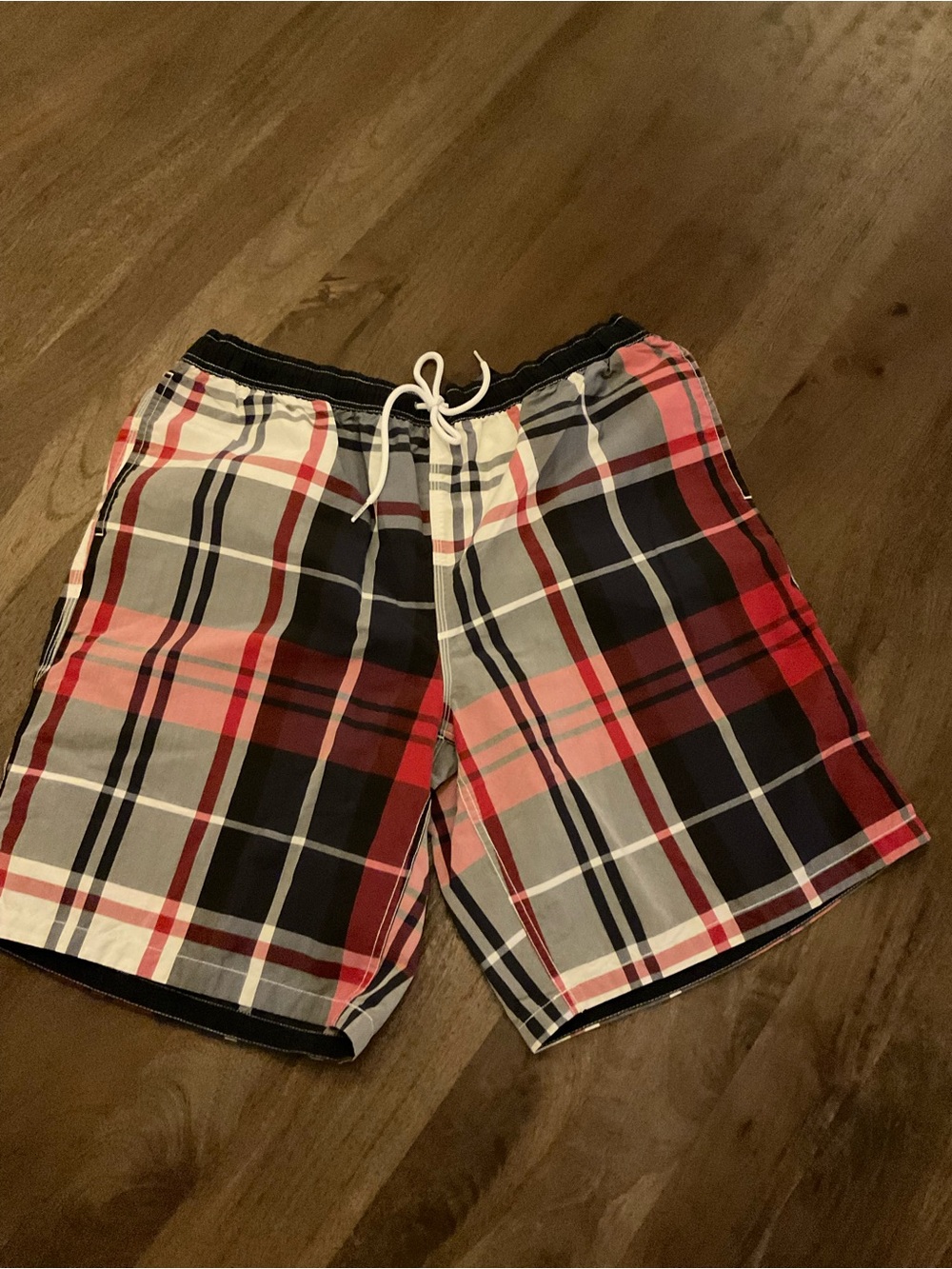 Tommy Hilfiger Red, Black and White Plaid Swim Trunks